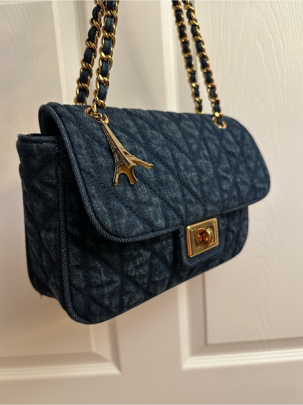 Karl Lagerfeld Quilted Blue Denim Chain Shoulder Bag with Eiffel Charm - Picture 2 of 16